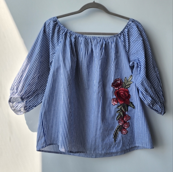 Revamped Tops - Revamped Elastic Off the Shoulder Pinstripe Floral Applique Blouse Top